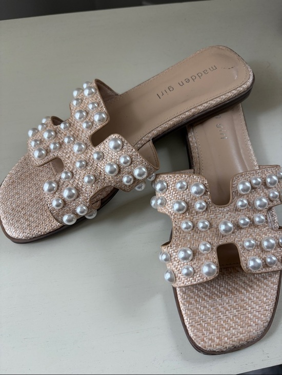 Madden Girl Shoes - Madden Girl Pearl-Studded Beige Woven Slide Sandals